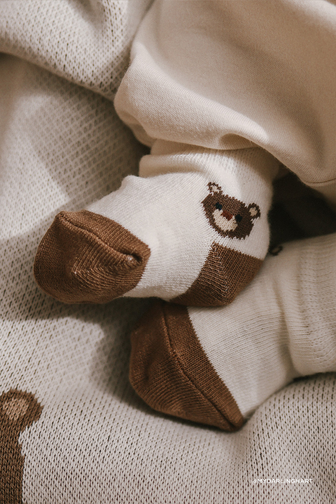 Bobbie Bear Crew Socks - Jacquard Bobbie Bear Cloud/Balm Childrens Sock from Jamie Kay NZ