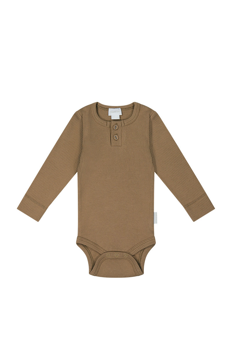 Organic Cotton Fine Rib Long Sleeve Bodysuit - Caramel Childrens Bodysuit from Jamie Kay NZ