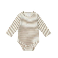 Pima Cotton Fernley Long Sleeve Bodysuit - Tofu/Woodsmoke Stripe Childrens Bodysuit from Jamie Kay NZ