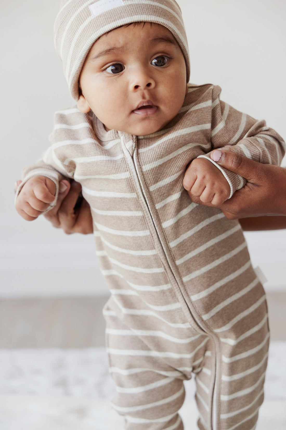 Organic Cotton Fine Rib Gracelyn Onepiece - Elias Stripe Sable Marle Childrens Onepiece from Jamie Kay NZ