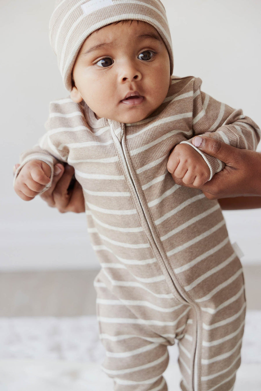 Organic Cotton Fine Rib Gracelyn Onepiece - Elias Stripe Sable Marle Childrens Onepiece from Jamie Kay NZ