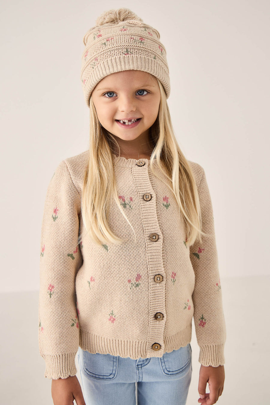 Delilah Knitted Hat - Delilah Jacquard Oatmeal Marle Childrens Hat from Jamie Kay NZ
