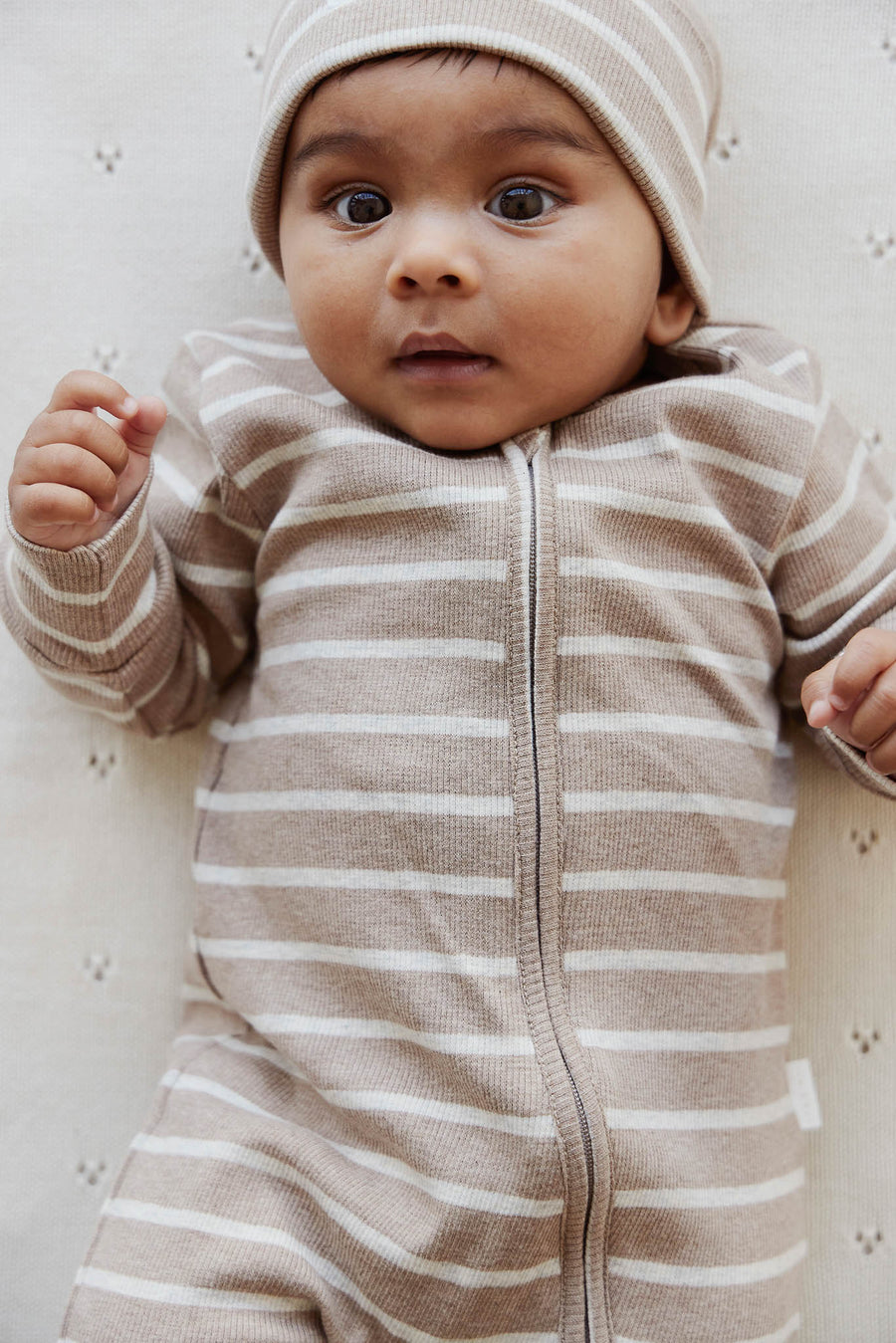 Organic Cotton Fine Rib Gracelyn Onepiece - Elias Stripe Sable Marle Childrens Onepiece from Jamie Kay NZ