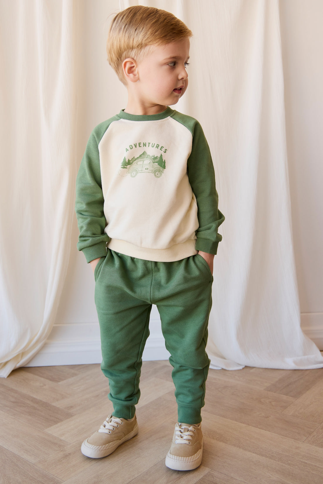 Organic Cotton Alden Sweatshirt - Adventure Buggy Snow Pea Childrens Top from Jamie Kay NZ