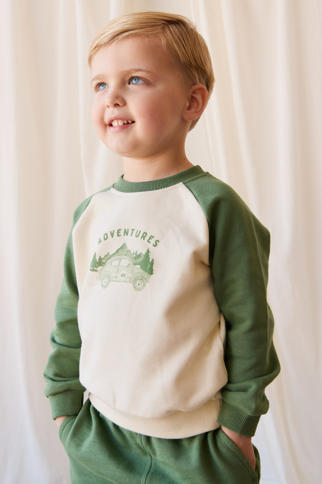 Organic Cotton Alden Sweatshirt - Adventure Buggy Snow Pea Childrens Top from Jamie Kay NZ