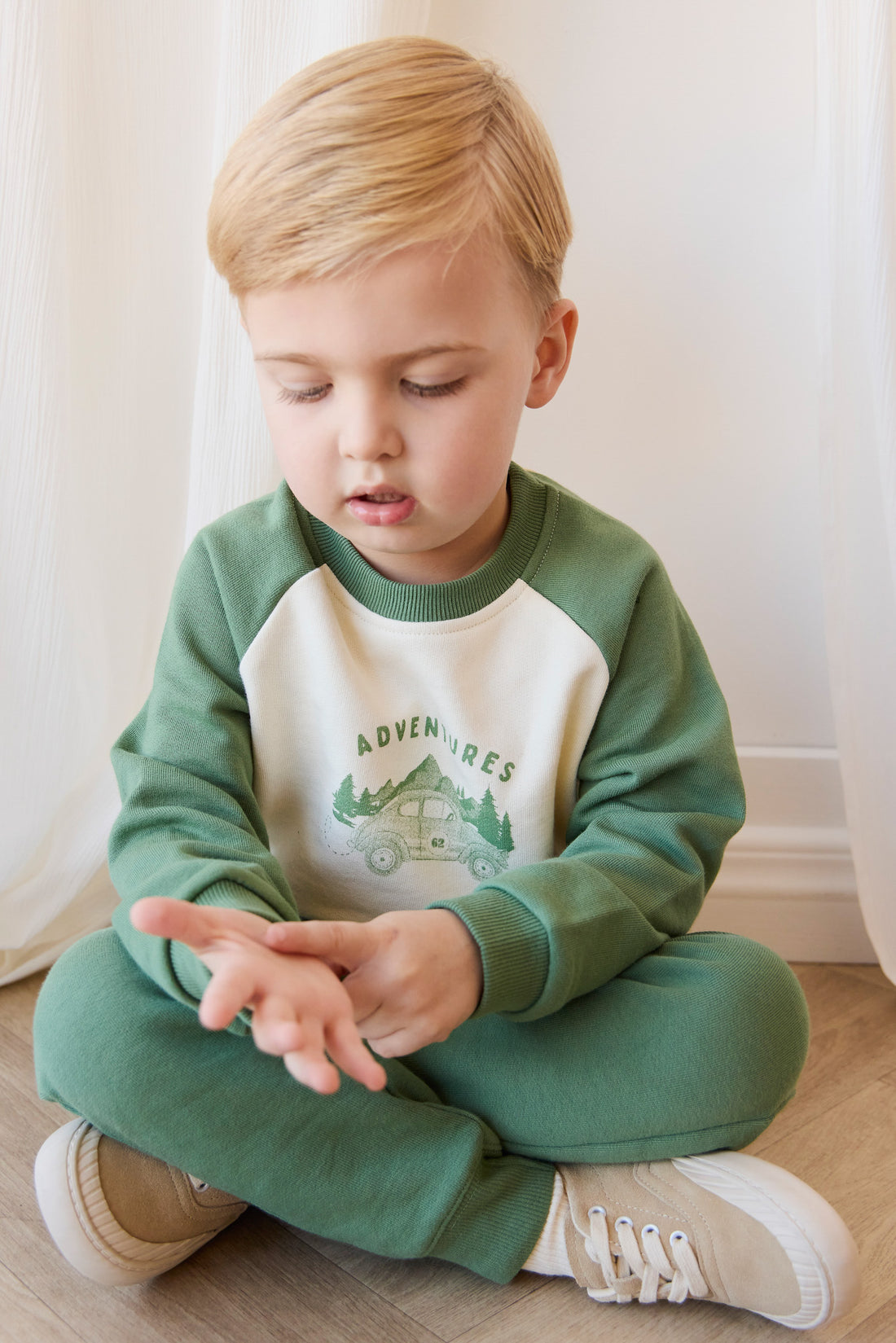 Organic Cotton Alden Sweatshirt - Adventure Buggy Snow Pea Childrens Top from Jamie Kay NZ