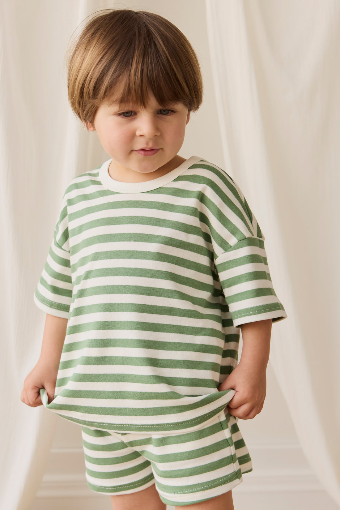 Pima Cotton Wesley Short - Essential Stripe Parchment/Snow Pea Childrens Short from Jamie Kay NZ