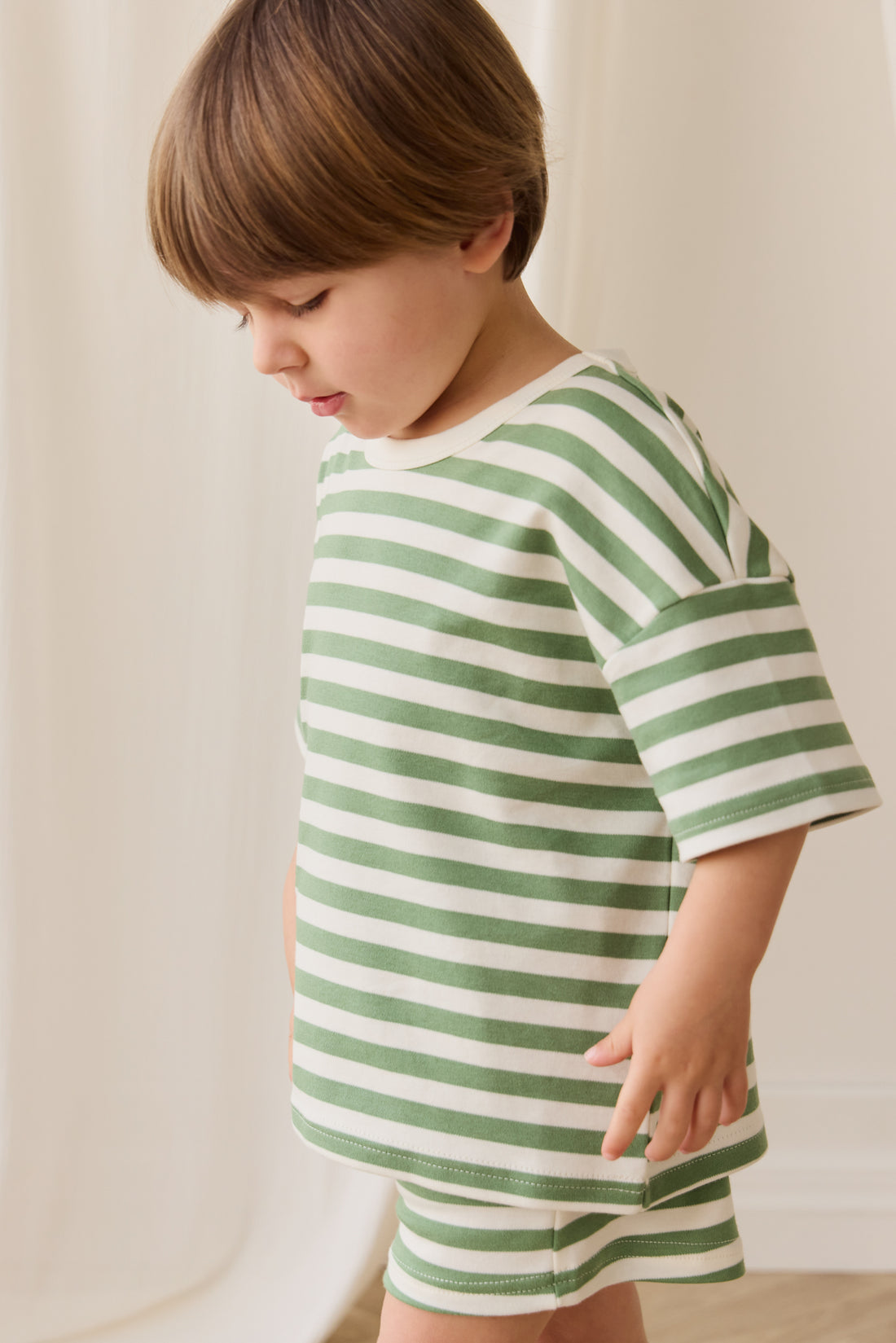 Pima Cotton Wesley Tee - Essential Stripe Parchment/Snow Pea Childrens Top from Jamie Kay NZ