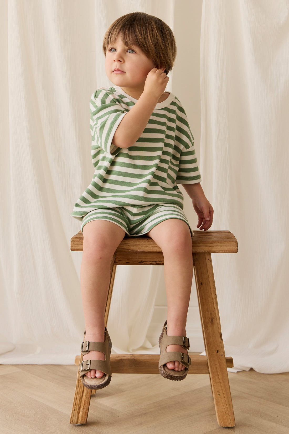 Pima Cotton Wesley Tee - Essential Stripe Parchment/Snow Pea Childrens Top from Jamie Kay NZ