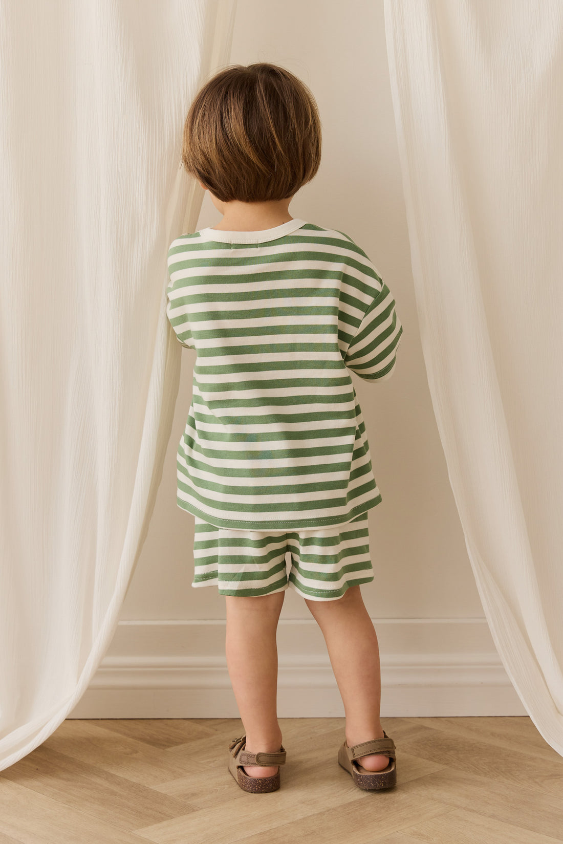Pima Cotton Wesley Short - Essential Stripe Parchment/Snow Pea Childrens Short from Jamie Kay NZ