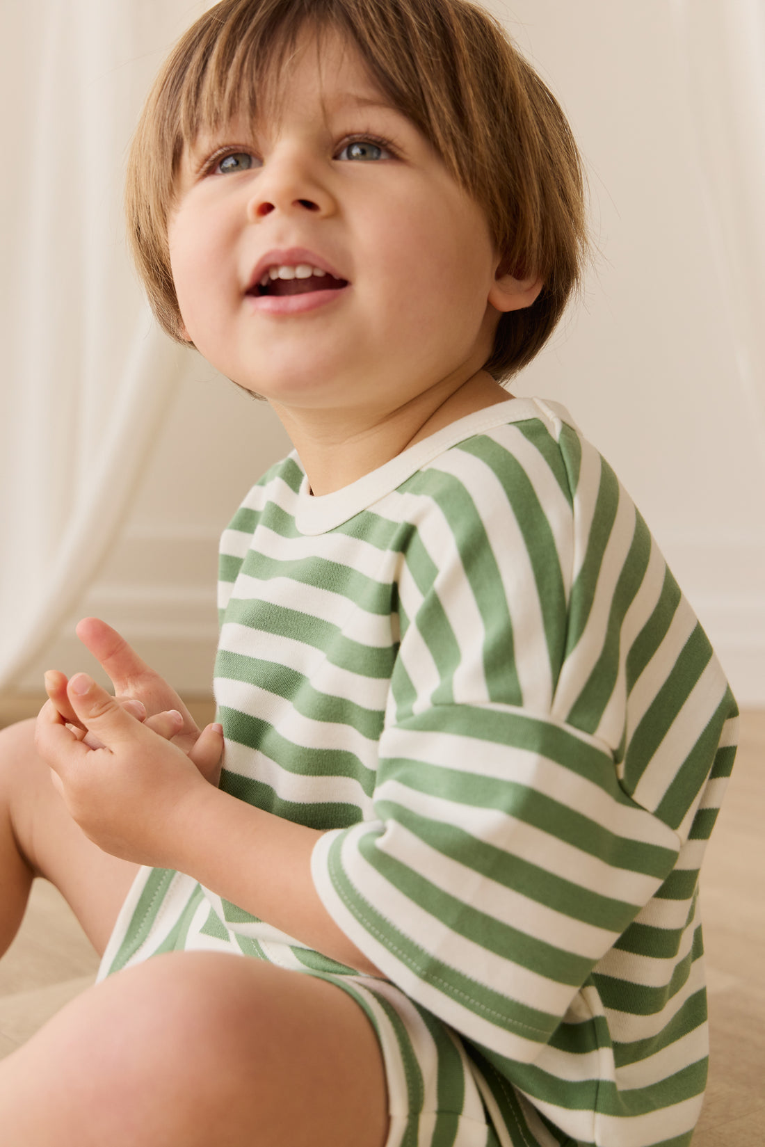 Pima Cotton Wesley Tee - Essential Stripe Parchment/Snow Pea Childrens Top from Jamie Kay NZ