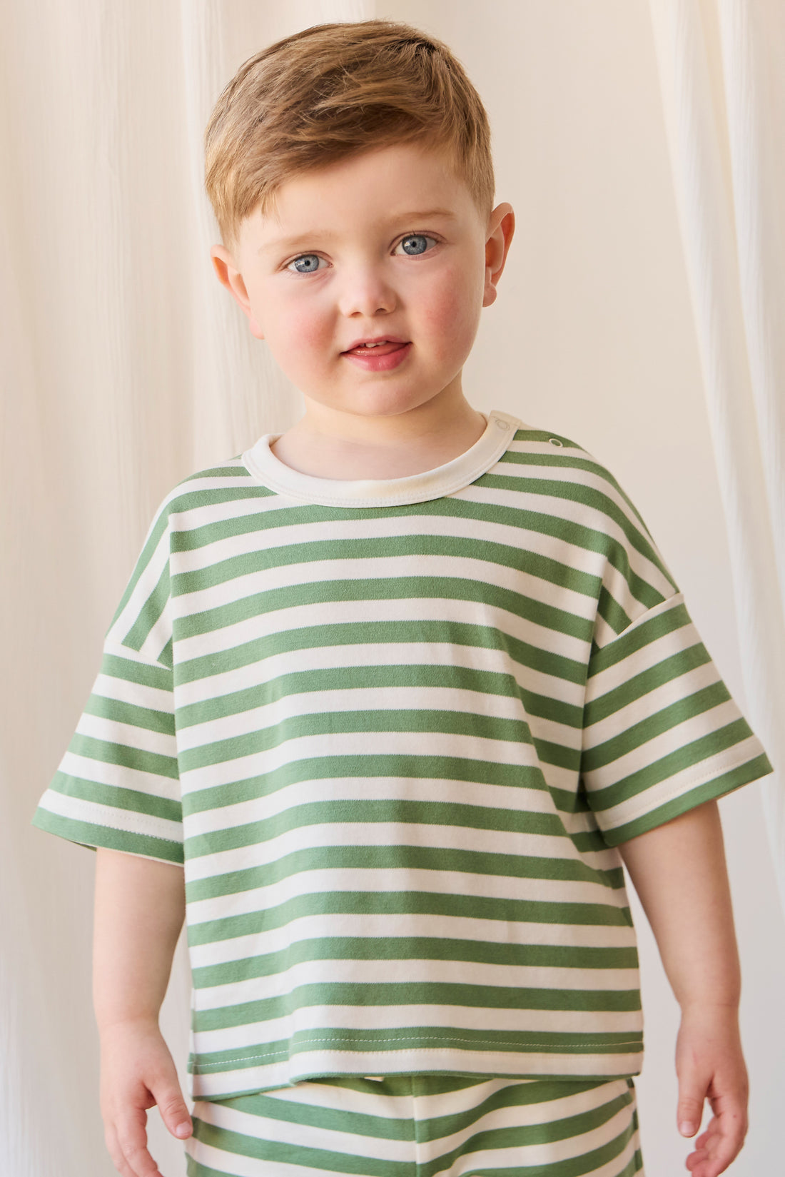 Pima Cotton Wesley Tee - Essential Stripe Parchment/Snow Pea Childrens Top from Jamie Kay NZ