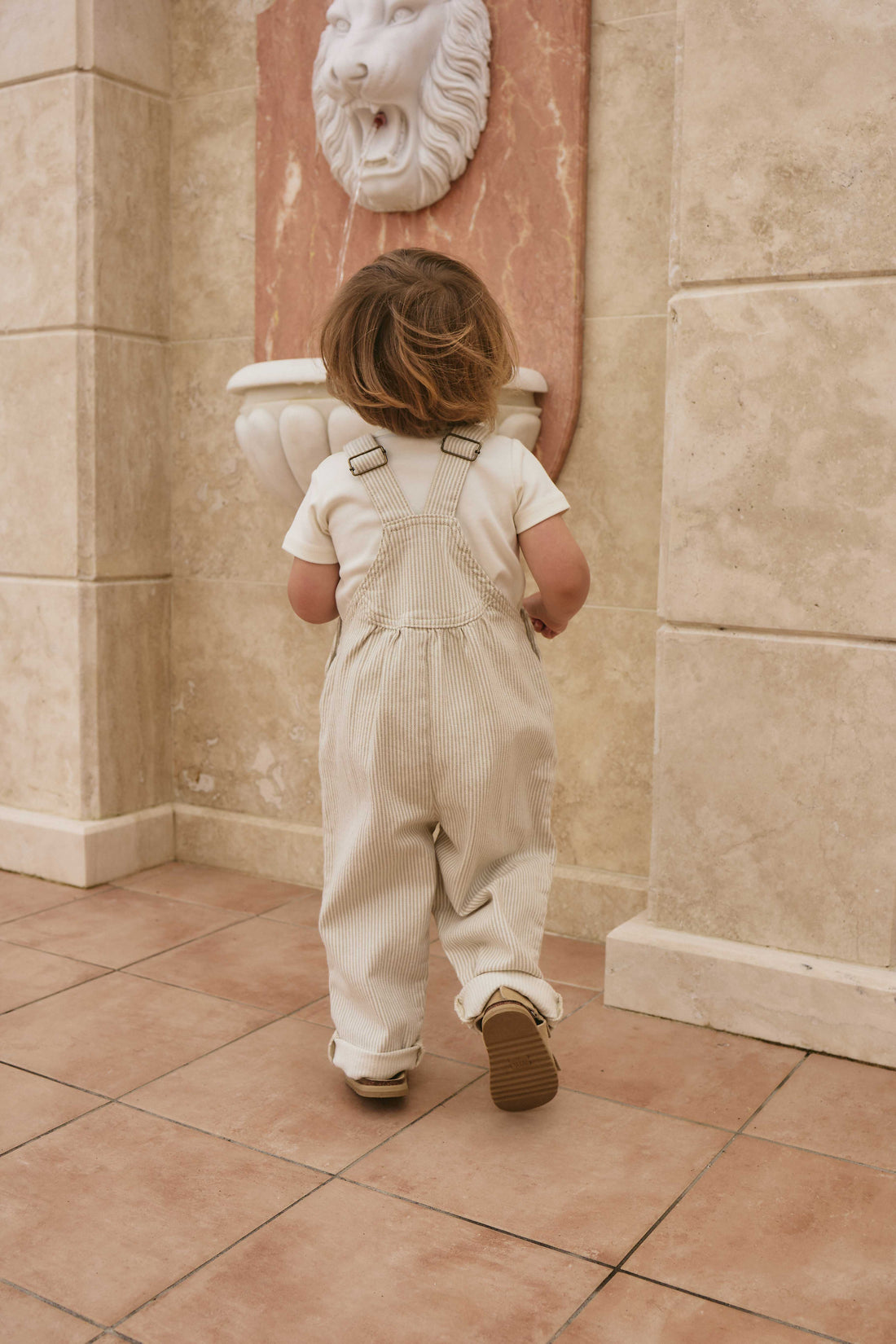 Cecil Overall - Fine Vertical Stripe Sandy Brown/Cloud Childrens Overall from Jamie Kay NZ