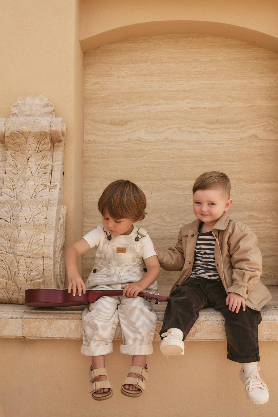 Cecil Overall - Fine Vertical Stripe Sandy Brown/Cloud Childrens Overall from Jamie Kay NZ