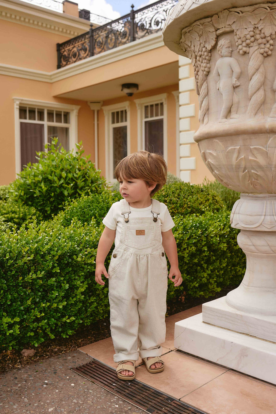 Cecil Overall - Fine Vertical Stripe Sandy Brown/Cloud Childrens Overall from Jamie Kay NZ
