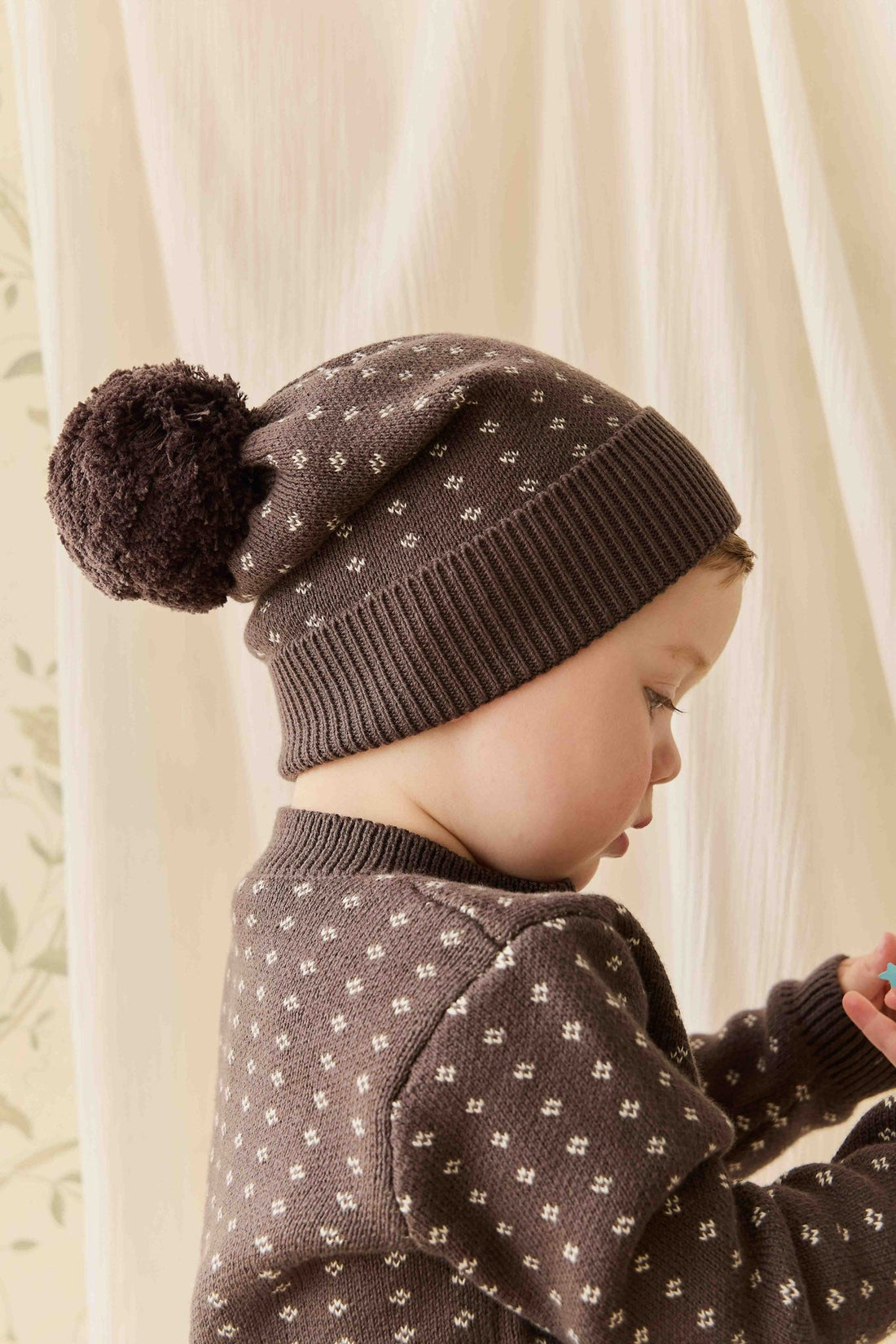 Dorian Beanie - Knitted Diamonds Coffee Childrens Beanie from Jamie Kay NZ