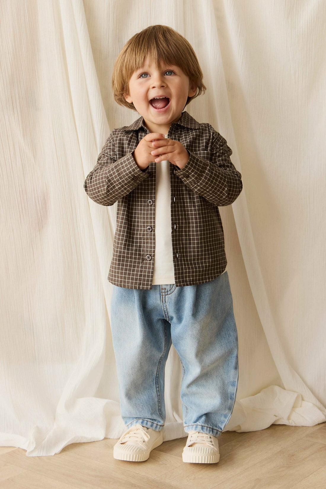 Organic Cotton Isaiah Shirt - Coffee Grid Childrens Shirt from Jamie Kay NZ
