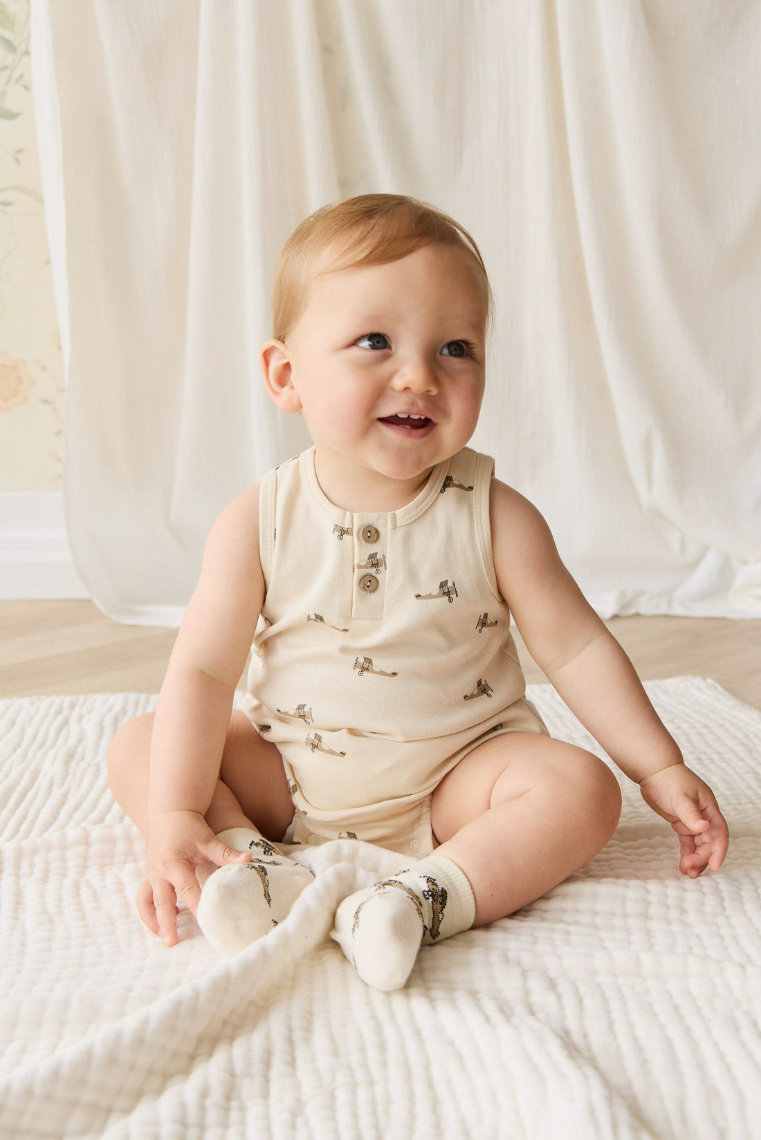 Pima Cotton Archie Playsuit - Fly High Vanilla Cream Childrens Playsuit from Jamie Kay NZ