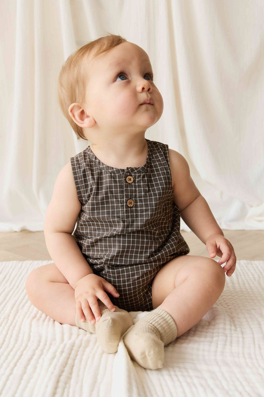 Organic Cotton Archie Playsuit - Coffee Grid Childrens Playsuit from Jamie Kay NZ