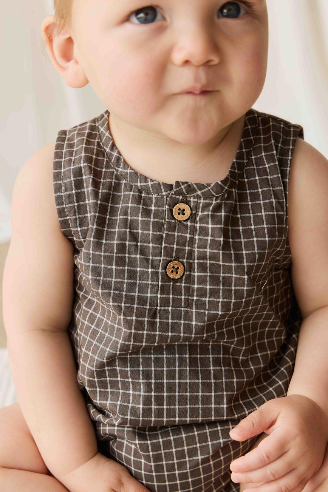 Organic Cotton Archie Playsuit - Coffee Grid Childrens Playsuit from Jamie Kay NZ