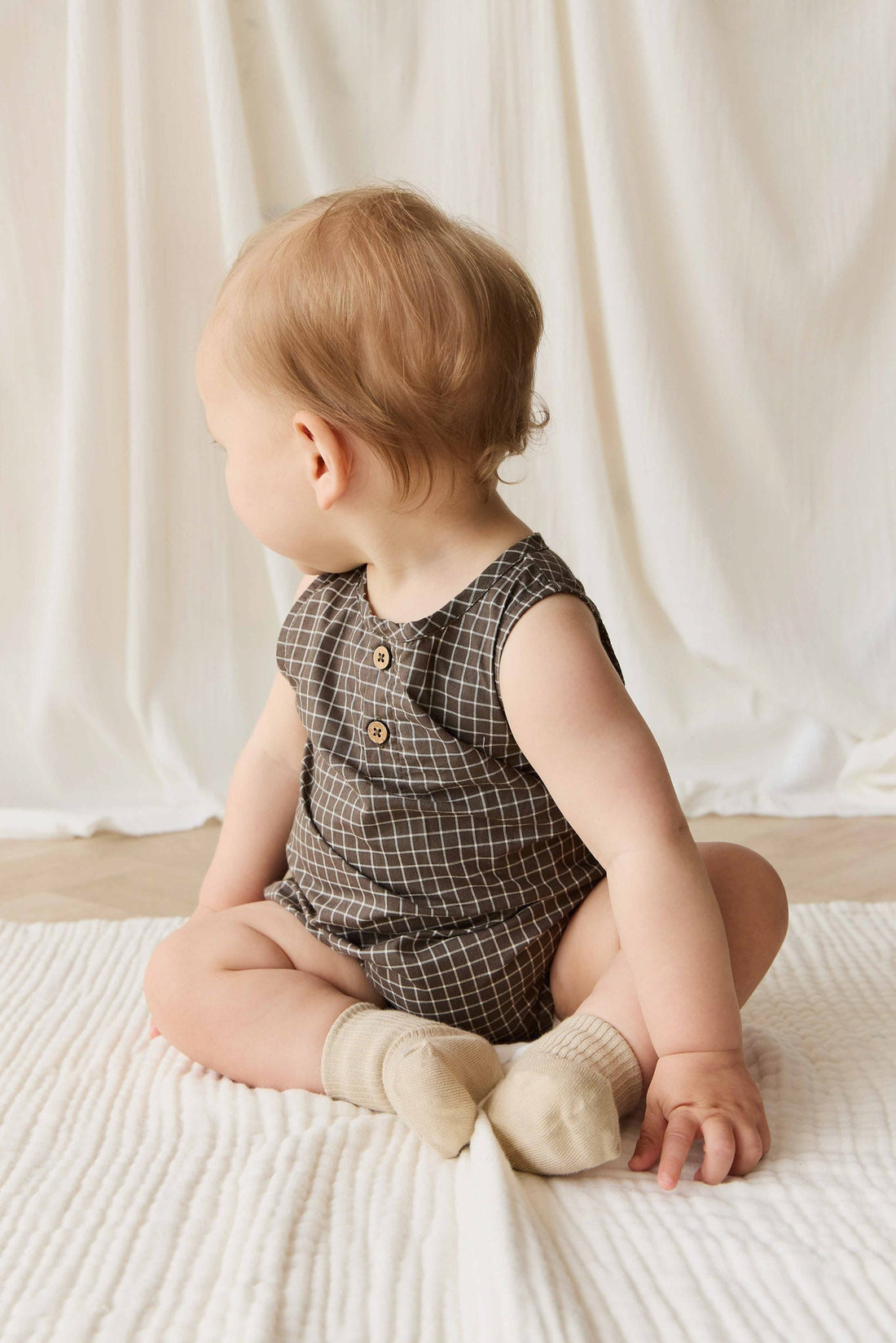 Organic Cotton Archie Playsuit - Coffee Grid Childrens Playsuit from Jamie Kay NZ