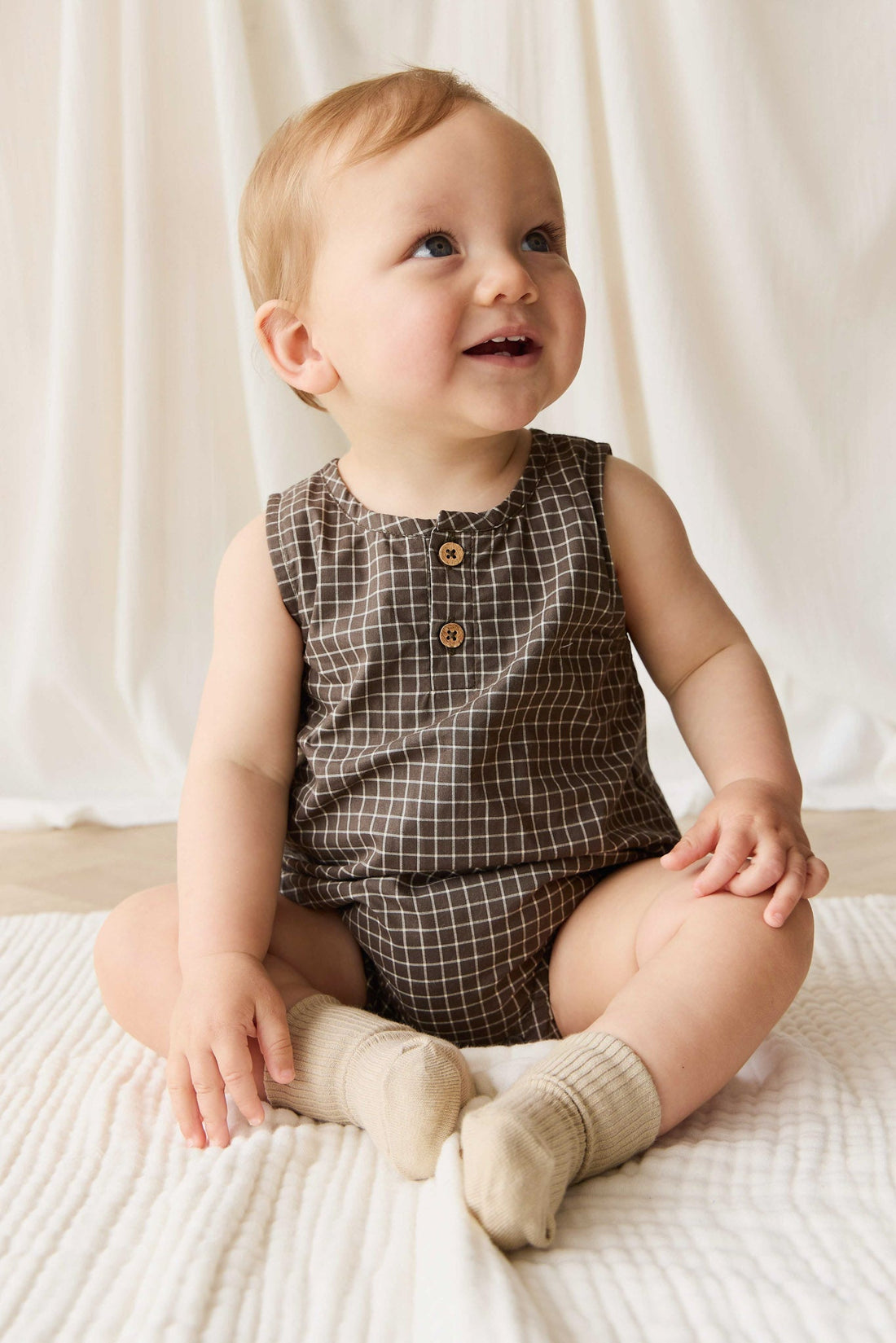 Organic Cotton Archie Playsuit - Coffee Grid Childrens Playsuit from Jamie Kay NZ