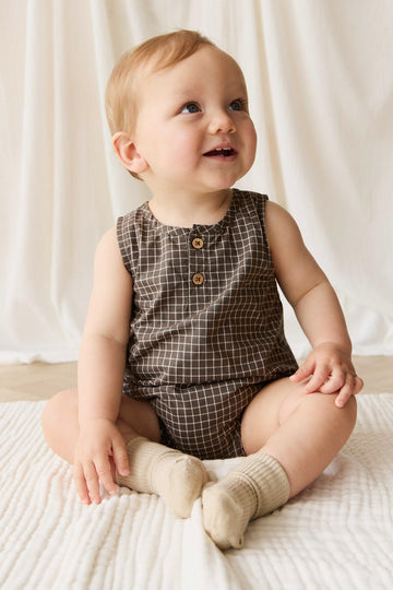 Organic Cotton Archie Playsuit - Coffee Grid Childrens Playsuit from Jamie Kay NZ