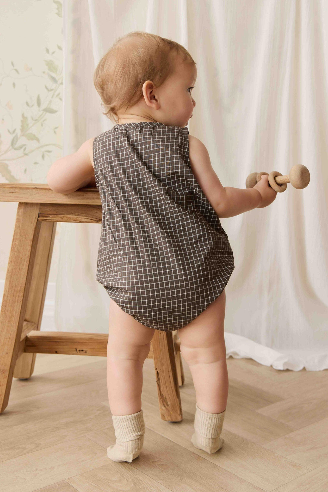 Organic Cotton Archie Playsuit - Coffee Grid Childrens Playsuit from Jamie Kay NZ
