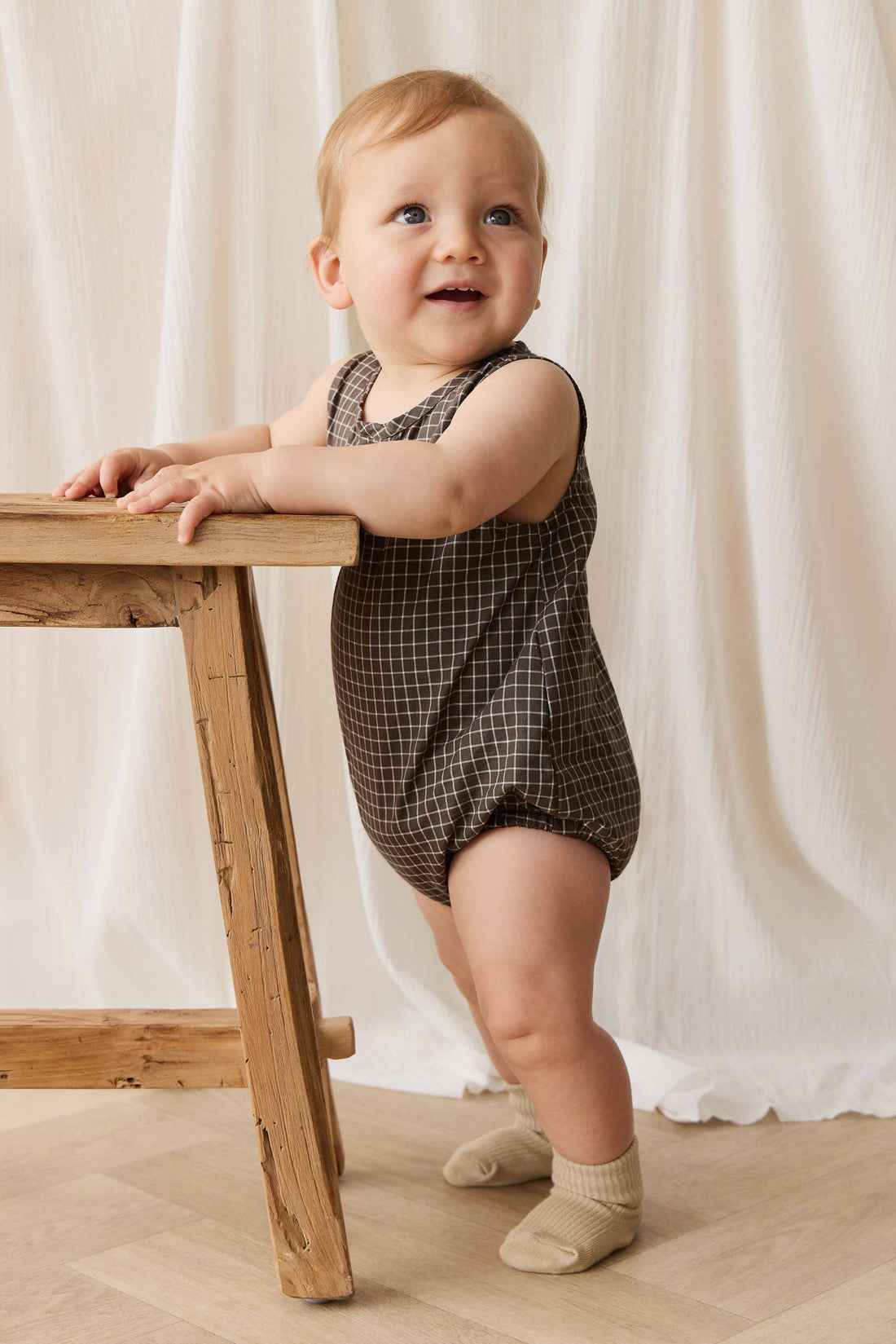 Organic Cotton Archie Playsuit - Coffee Grid Childrens Playsuit from Jamie Kay NZ