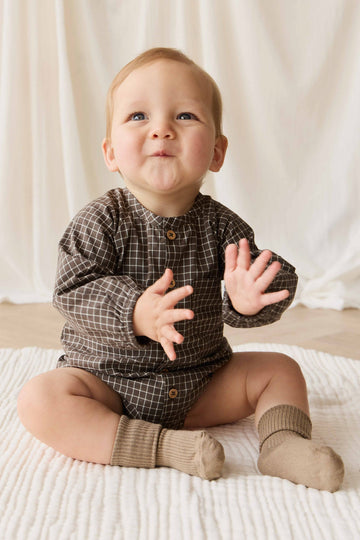 Organic Cotton Ellis Playsuit - Coffee Grid Childrens Playsuit from Jamie Kay NZ