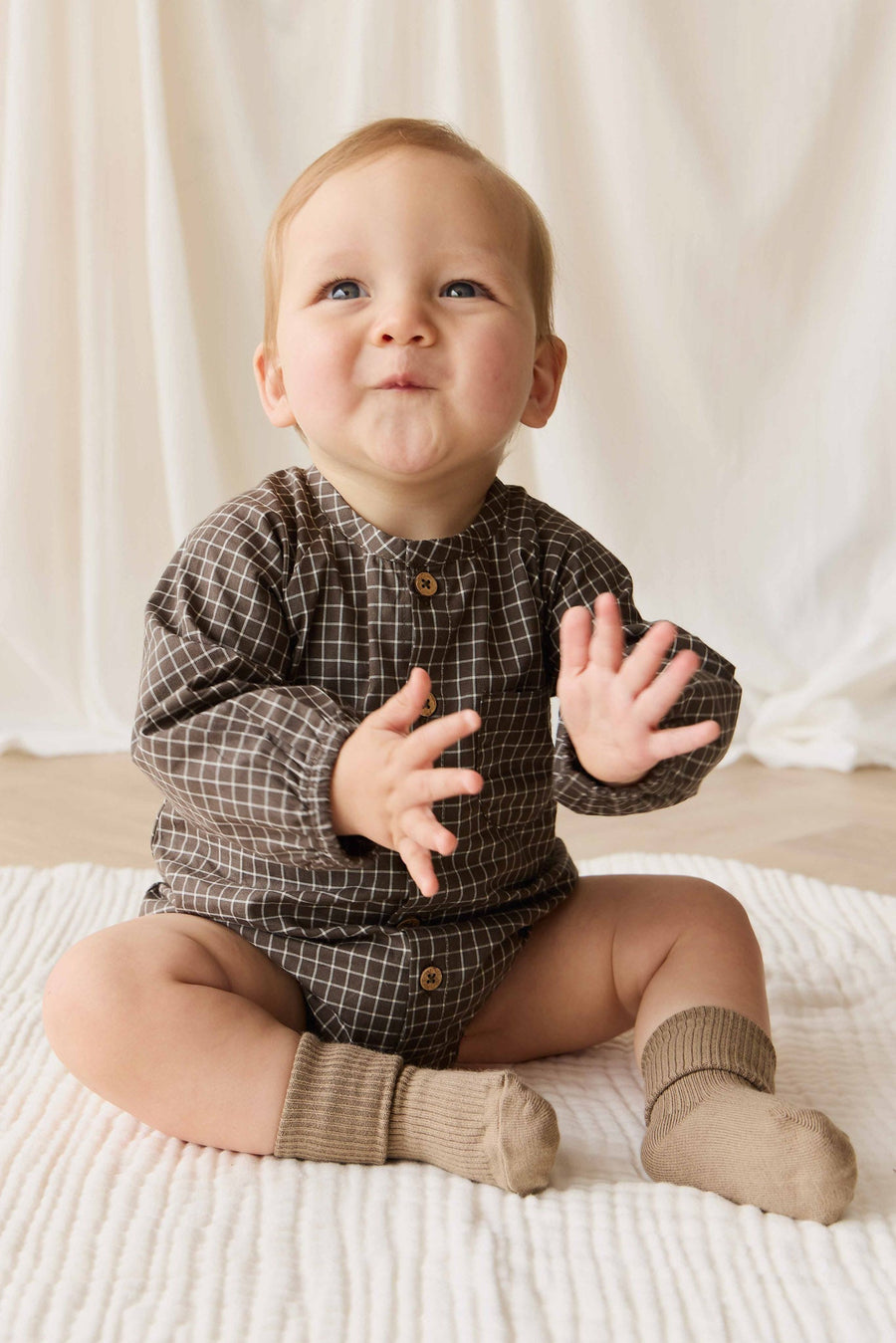 Organic Cotton Ellis Playsuit - Coffee Grid Childrens Playsuit from Jamie Kay NZ