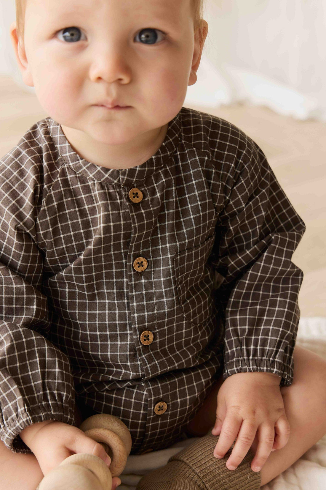 Organic Cotton Ellis Playsuit - Coffee Grid Childrens Playsuit from Jamie Kay NZ