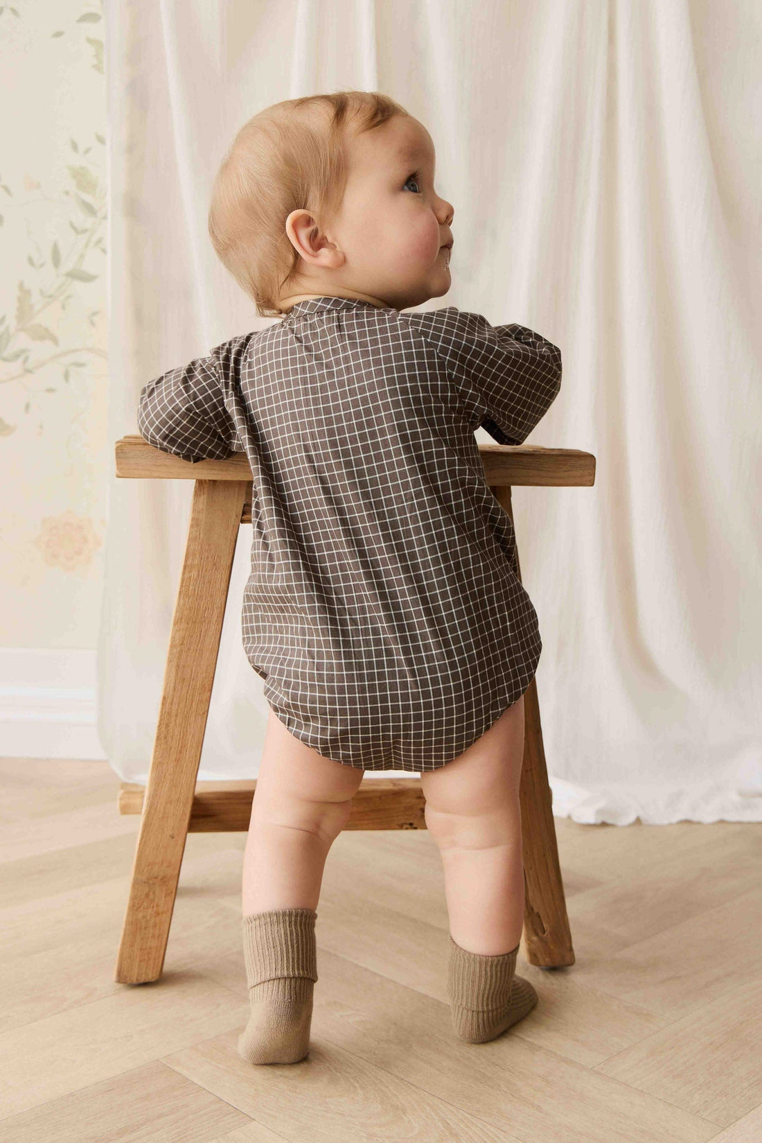 Organic Cotton Ellis Playsuit - Coffee Grid Childrens Playsuit from Jamie Kay NZ