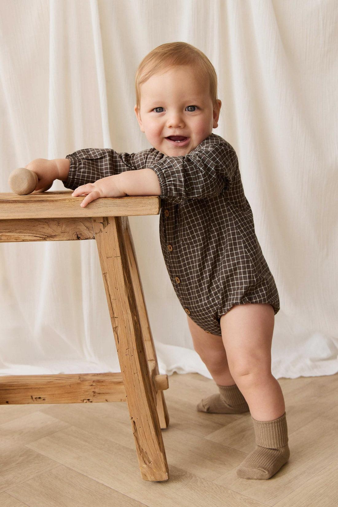 Organic Cotton Ellis Playsuit - Coffee Grid Childrens Playsuit from Jamie Kay NZ