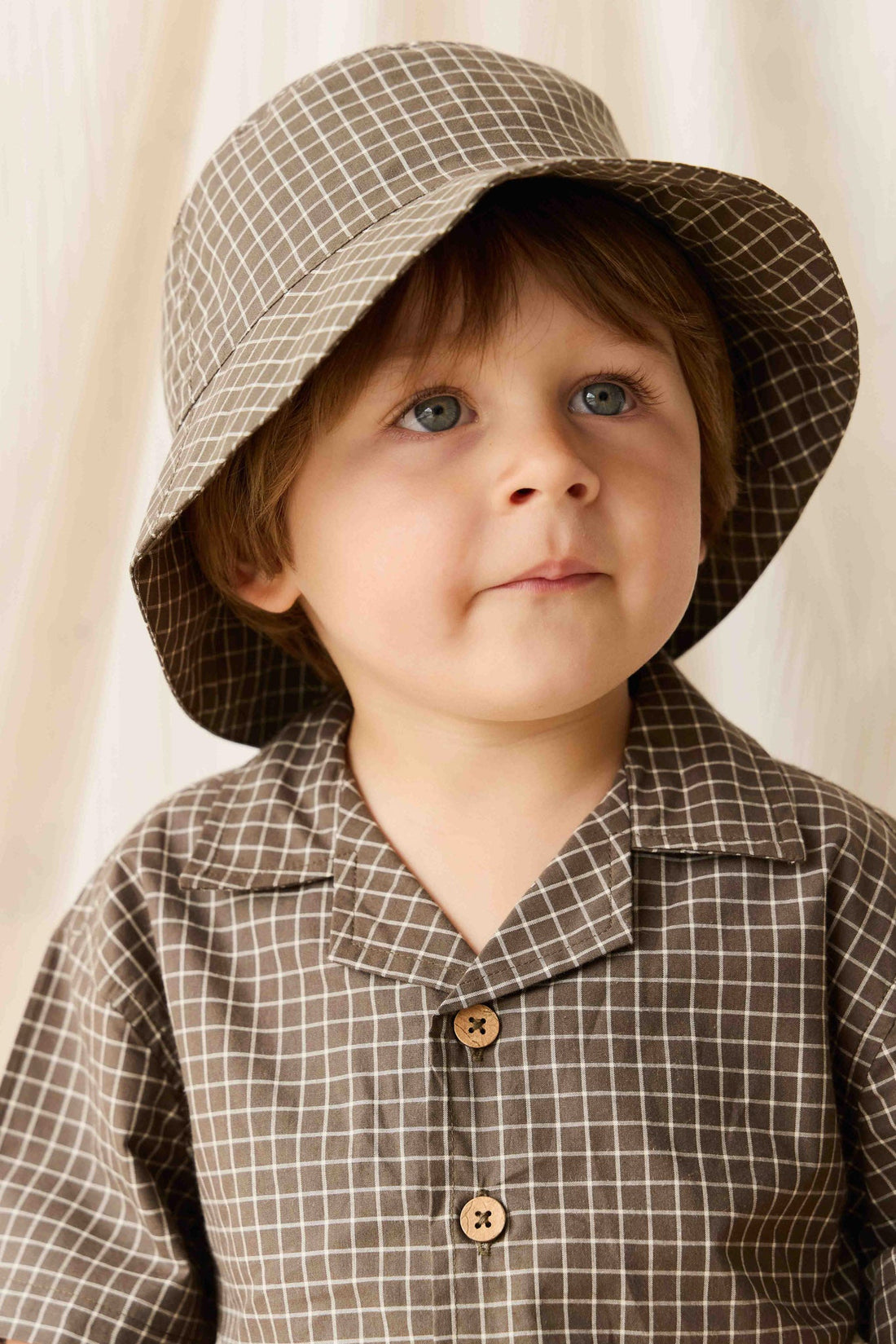 Organic Cotton Bucket Hat - Coffee Grid Childrens Hat from Jamie Kay NZ