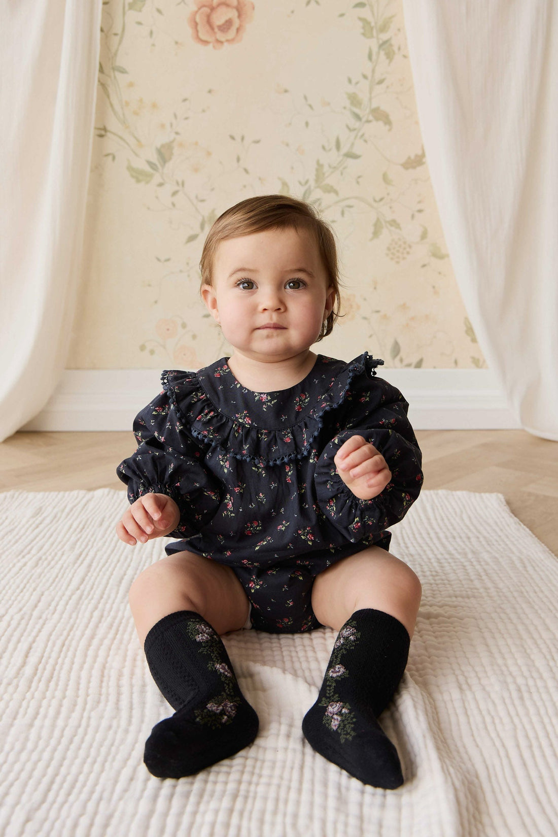Tasha Floral Jacquard Sock - Black Beauty Childrens Sock from Jamie Kay NZ