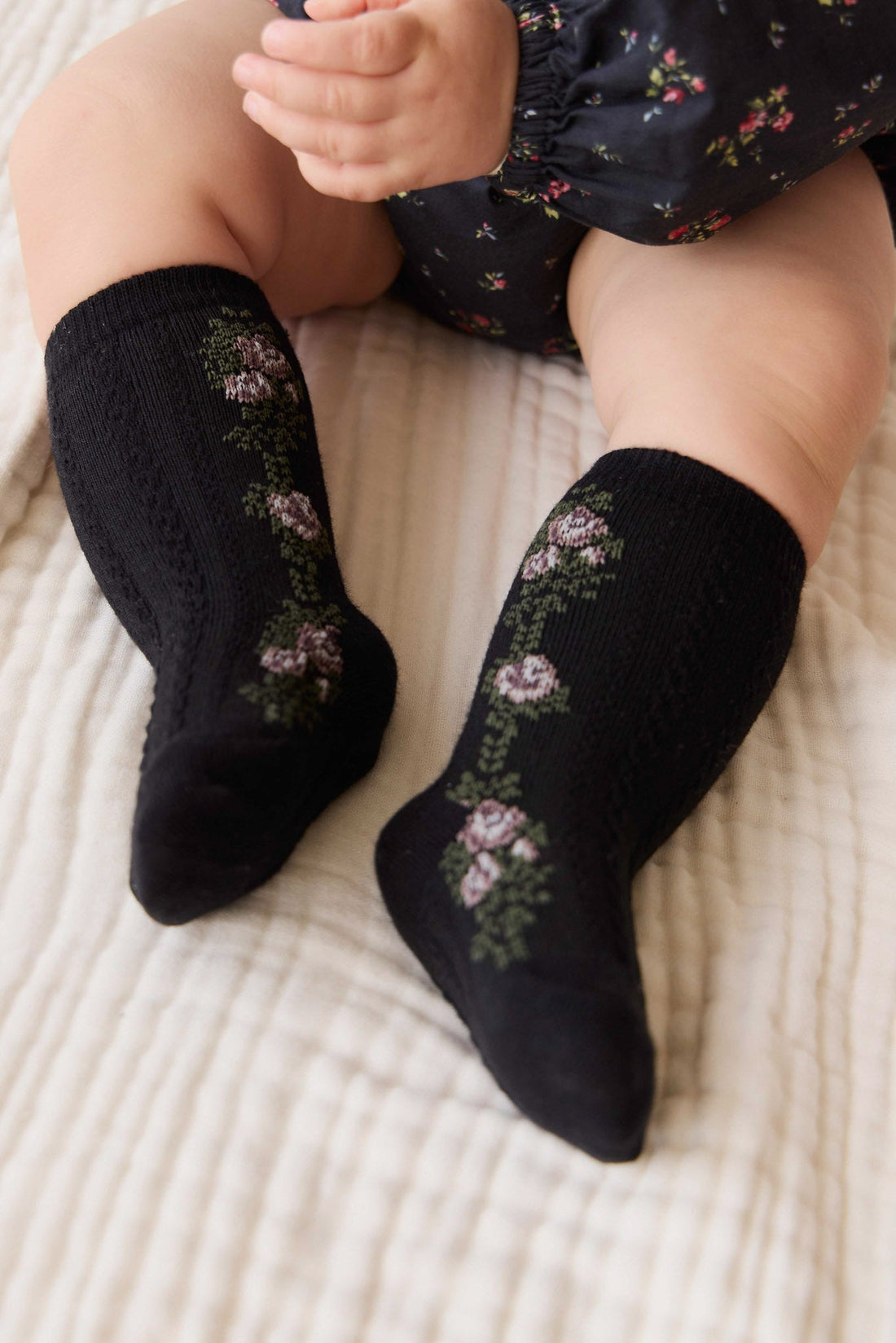 Tasha Floral Jacquard Sock - Black Beauty Childrens Sock from Jamie Kay NZ