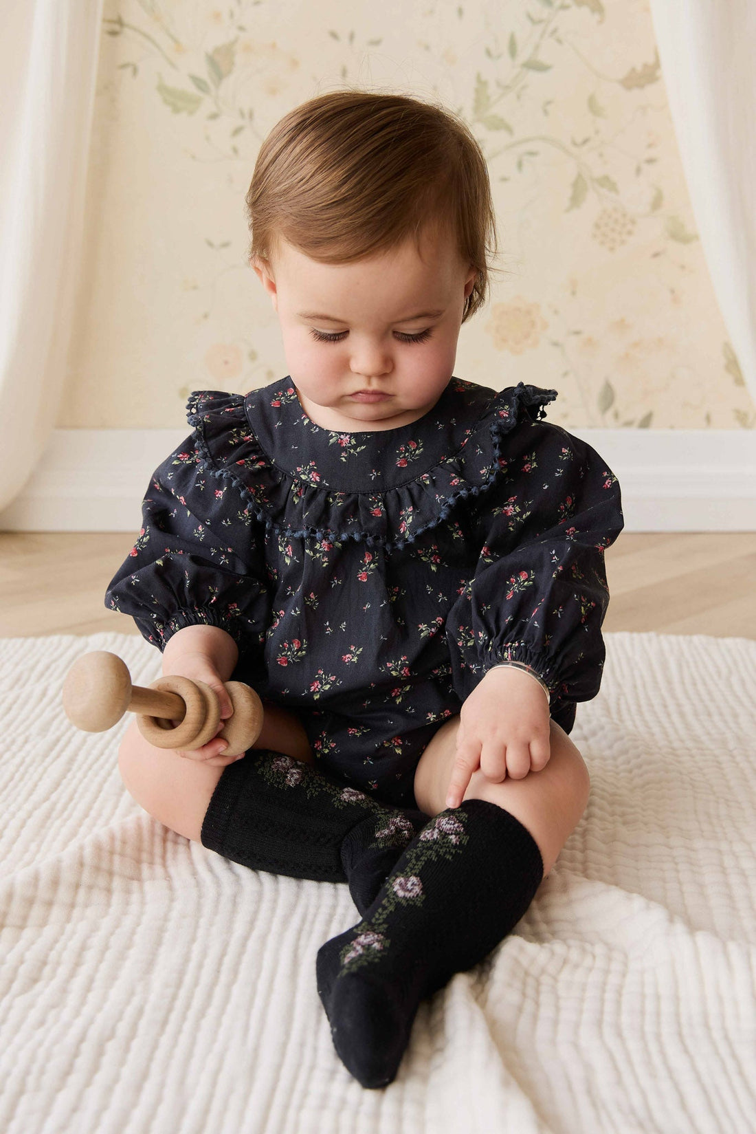 Tasha Floral Jacquard Sock - Black Beauty Childrens Sock from Jamie Kay NZ