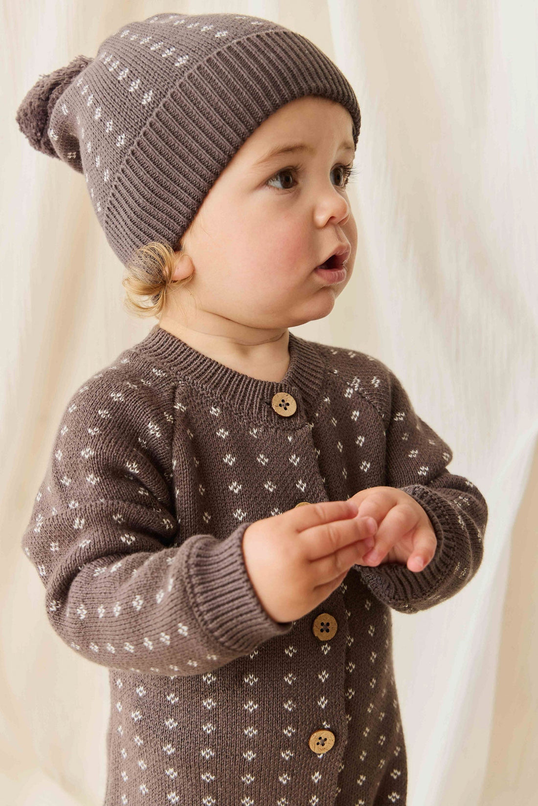Dorian Beanie - Knitted Diamonds Coffee Childrens Beanie from Jamie Kay NZ