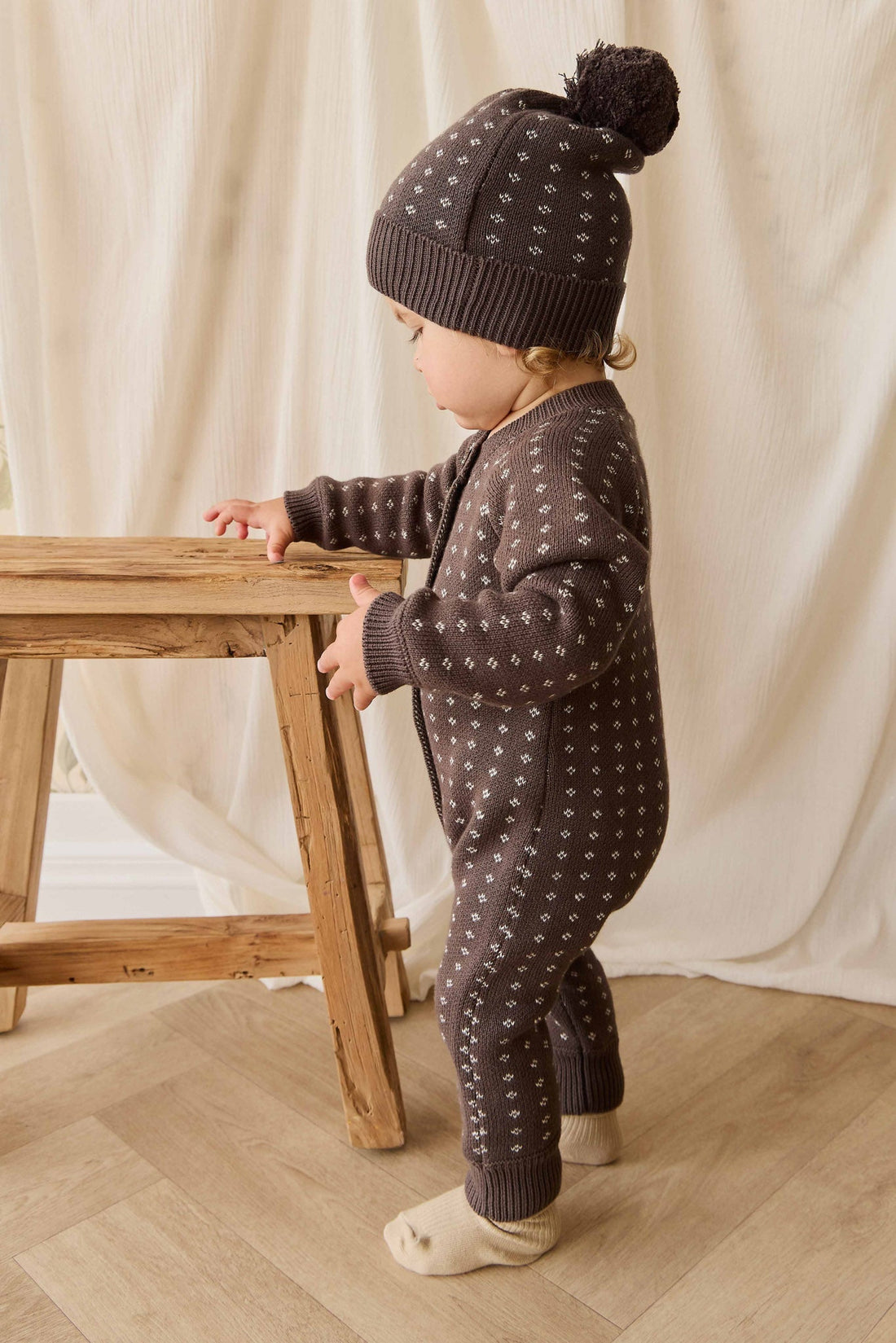 Dorian Onepiece - Knitted Diamonds Coffee Childrens Onepiece from Jamie Kay NZ