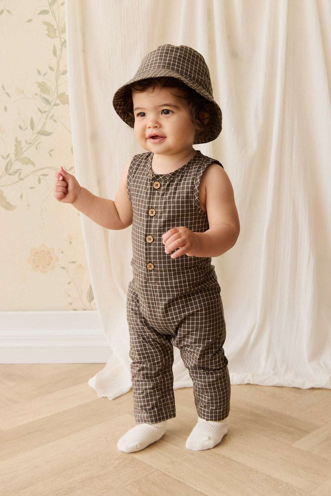 Organic Cotton Milo Jumpsuit - Coffee Grid Childrens Jumpsuit from Jamie Kay NZ