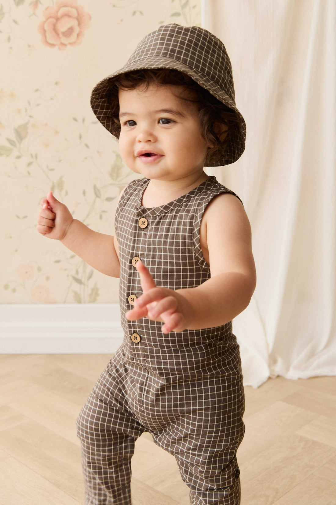 Organic Cotton Milo Jumpsuit - Coffee Grid Childrens Jumpsuit from Jamie Kay NZ