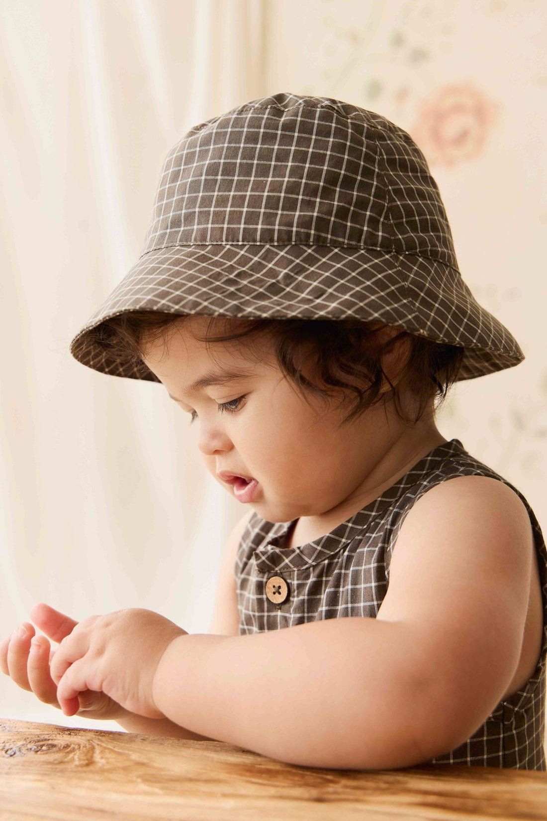 Organic Cotton Bucket Hat - Coffee Grid Childrens Hat from Jamie Kay NZ