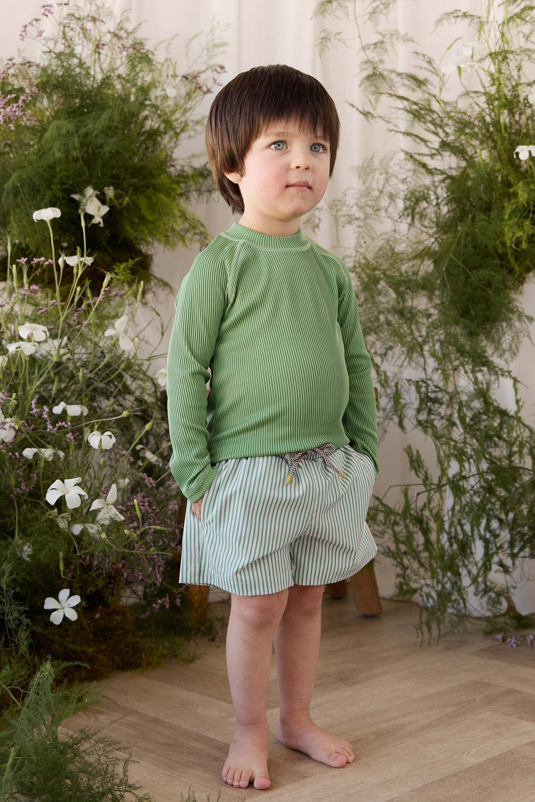 Wyatt Board Short - Snow Pea Stripe Childrens Swimwear from Jamie Kay NZ