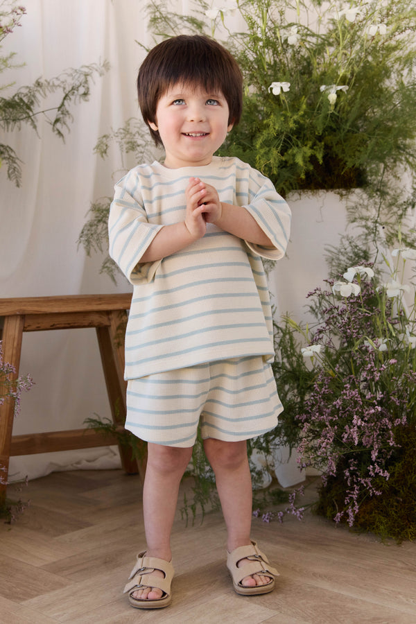 Organic Cotton Waffle Leith Short - James Stripe Reef/Cloud Childrens Shorts from Jamie Kay NZ