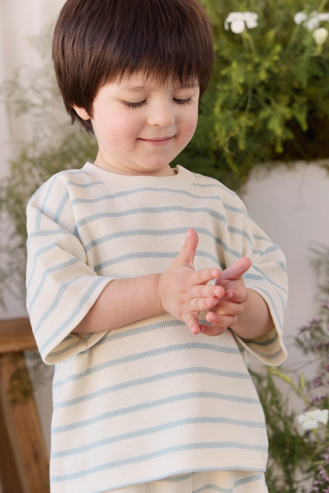 Organic Cotton Waffle Leith Tee - James Stripe Reef/Cloud Childrens Top from Jamie Kay NZ