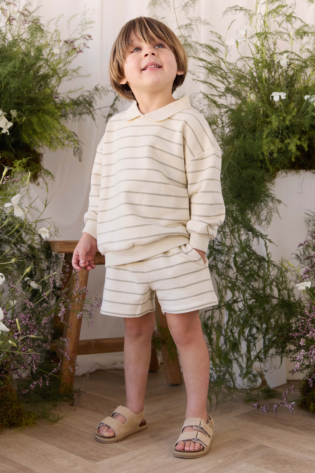 Organic Cotton Jalen Short - Horizon Stripe Lichen/Cloud Childrens Shorts from Jamie Kay NZ
