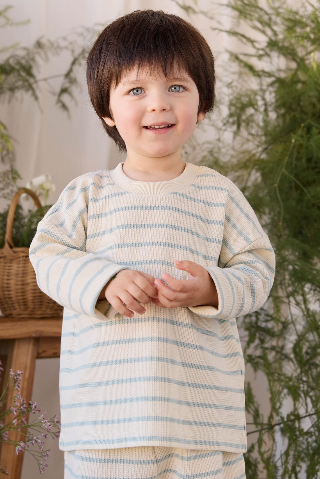 Organic Cotton Waffle Leith Long Sleeve Top - James Stripe Reef/Cloud Childrens Top from Jamie Kay NZ
