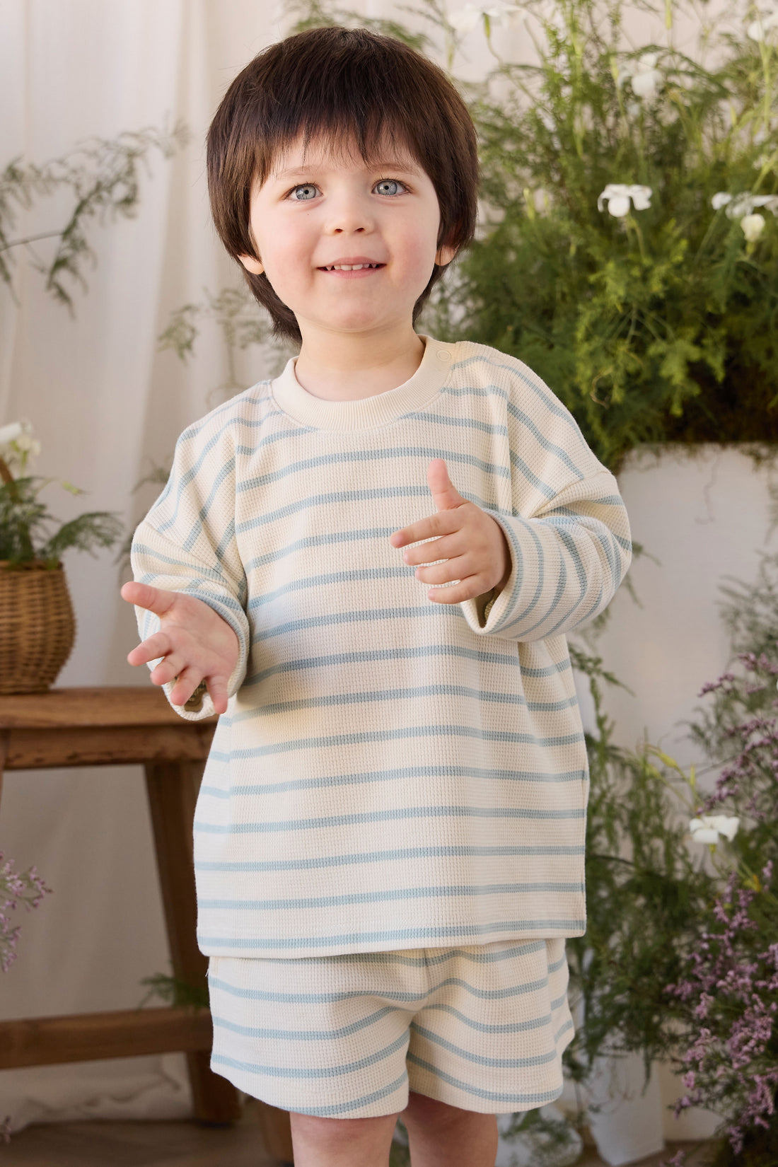 Organic Cotton Waffle Leith Long Sleeve Top - James Stripe Reef/Cloud Childrens Top from Jamie Kay NZ