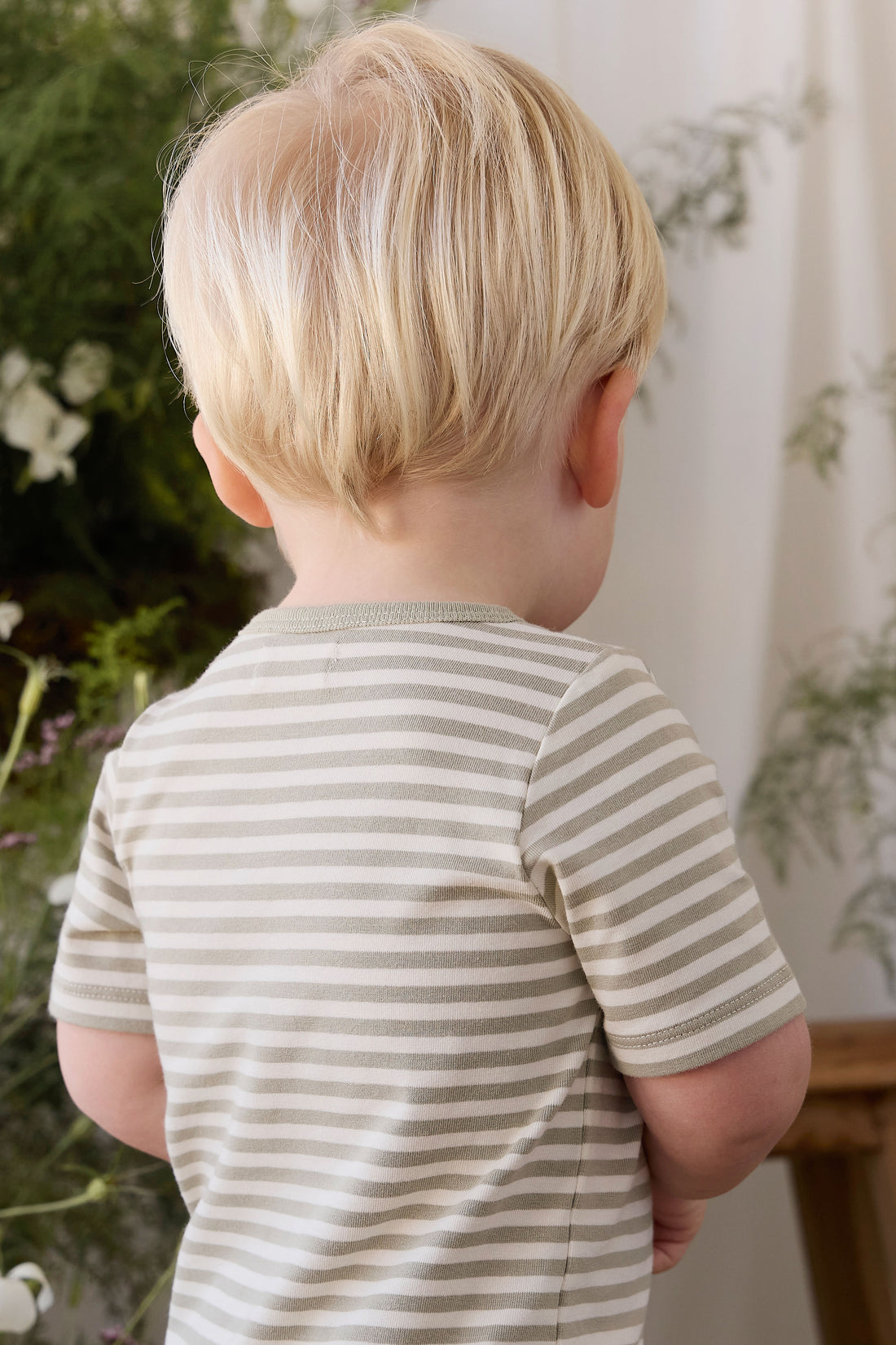 Organic Cotton Baker Short Sleeve Pyjama Set - Narrow Stripe Lichen/Cloud Childrens Pyjamas from Jamie Kay NZ